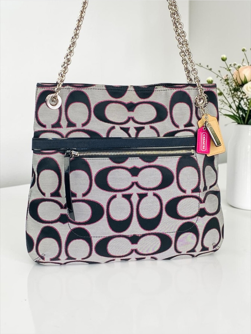 Coach Poppy Convertible Slim Tote Pink‑Outlined Signature C Pattern